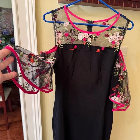 Ladies black dress with floral sleeves - Picture 2 of 4